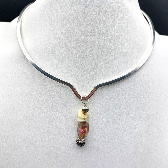 Vintage Silver Toned V Choker Necklace With Murano Glass Rose Bead & Pendant - Picture 1 of 5